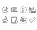 Typewriter, Vacancy and Online statistics icons. Tablet pc, Update data and Tick signs.