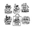 Set of Typography Stop Using Plastic Bottles and Bags, No Plastic Poisons Badges with Doodle Hand Drawn Design Elements Royalty Free Stock Photo