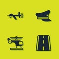 Set UAV Drone, Airport runway, Helicopter and Pilot hat icon. Vector Royalty Free Stock Photo