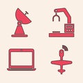 Set UAV Drone, Radar, Robotic robot arm hand factory and Laptop icon. Vector