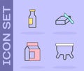 Set Udder, Bottle with milk, Paper package for and Butter in butter dish icon. Vector