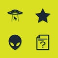 Set UFO abducts cow, Unknown document, Alien and Star icon. Vector