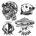 Set of UFO elements aliens, flying saucer, planet etc. emblems, labels, badges, logos. Isolated on white