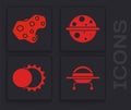 Set UFO flying spaceship, Asteroid, Planet Saturn and Eclipse of the sun icon. Vector