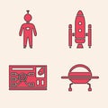 Set UFO flying spaceship, Astronaut, Space shuttle and rockets and Futuristic hud interface icon. Vector