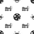 Set UFO flying spaceship, Moon and Mars rover on seamless pattern. Vector