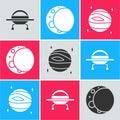 Set UFO flying spaceship, Moon and Planet Venus icon. Vector