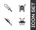 Set UFO flying spaceship, Sword for game, Fountain pen nib and Viking horned helmet icon. Vector Royalty Free Stock Photo