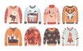 Set of ugly Christmas sweaters or jumpers isolated on white background. Collection of winter holiday knitted clothes