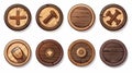 This set of UI elements from brown timber with signs on a white background features circle buttons with wooden textures Royalty Free Stock Photo