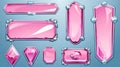 A set of UI frames for video games, pink medieval menu glossy borders, gui elements, buttons, or banners with silver