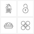 Set of 4 UI Icons and symbols for travel bag; fast food; unlocked; burger; cooler