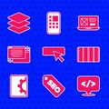 Set UI or UX design, SEO optimization, Front end development, Color palette guide, Web, and Layers icon. Vector Royalty Free Stock Photo