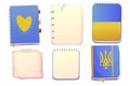 Set Ukrainian diary, note book in cartoon style top view, open, closed in blue and yellow flag colors isolated on white Royalty Free Stock Photo