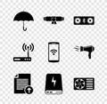 Set Umbrella, Diploma rolled scroll, Bluetooth speakers, Upload file, Power bank and Air conditioner icon. Vector