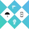 Set Umbrella, Earth globe, Drill machine and Smartphone with wireless icon. Vector Royalty Free Stock Photo