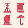 Set Umbrella, Grave with cross, Decree, parchment, scroll and Old grave with tombstone icon. Vector Royalty Free Stock Photo