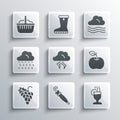 Set Umbrella, Mulled wine, Apple, Storm, Grape fruit, Cloud with rain, Basket and Windy weather icon. Vector