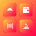 Set Umbrella and rain drops, Delivery box with fragile content, Barcode and Scale cardboard icon. Vector Royalty Free Stock Photo