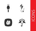 Set Umbrella and rain drops, Opium poppy, Leaf and Kite icon. Vector