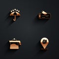 Set Umbrella and rain drops, Wooden log, Teapot and Location with leaf icon with long shadow. Vector