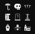 Set Umbrella, Skull, Metallic nails, Funeral urn, Grave with coffin, Church building, Decree, parchment, scroll and