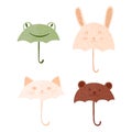 Set umbrellas animal on white background. Abstract umbrella frog, hare, bear, cat in doodle Royalty Free Stock Photo