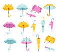 Set of Umbrellas in various positions. Open and folded umbrellas. Hand drawn Vector illustration