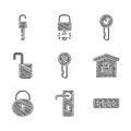 Set Undefined key, Door handle, Password protection, House under, Lock, Open padlock, Key and Unlocked icon. Vector Royalty Free Stock Photo