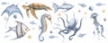 Set of Underwater Animals. Watercolor hand drawn illustration of sea Fish on isolated background. Big undersea bundle Royalty Free Stock Photo