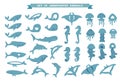 Set of underwater animals - whale, dolphin, jellyfish, manta ray