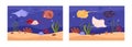 Set of underwater banners with swimming stingrays above seafloor with starfish and plants.