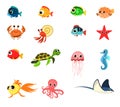 Set of Underwater marine animals and fish. Fun cartoon style. Crab, turtle, stingray and jellyfish. Starfish and Royalty Free Stock Photo