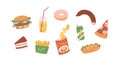 Set of unhealthy junk food. Fastfood icons of burger, hot-dog, pizza, sausage, chips, french fries, donut, cake and soda