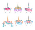 Set of unicorn faces with flowers and lashes. Unicorn tiaras in flat style. Cute unicorn heads isolated on white background. Royalty Free Stock Photo