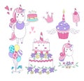 Set of Unicorn party elements. Cake, cupcake, unicorns,balloons, ice-cream, crown. Vector illustration