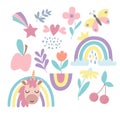 Set of unicorn, rainbow, butterfly, flower, fruits Royalty Free Stock Photo