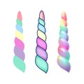 Set Unicorn Rainbow Horn, horn-shaped candle, colored plastic toy. Fantasy concept Royalty Free Stock Photo