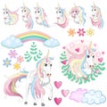 Set with unicorns, flowers, leaves, hearts, rainbow and other elements for girls