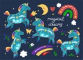 Set of unicorns and inscription magical dreams. Vector graphics