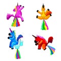 Set Unicorns smiling pooping a rainbow, fantasy cute character beast multicolored shit turd. Vector illustration