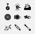 Set Unicycle or one wheel bicycle, Bicycle bell, Mountain, frame, suspension, Screwdriver, cassette and icon. Vector Royalty Free Stock Photo