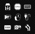 Set Uninterruptible power supply, Processor with CPU, Keyboard, SSD card, Video graphic, LAN cable network internet, and Royalty Free Stock Photo
