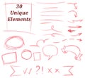 Set of 30 Unique pencil drawing elements: flourish, strokes, lines, arrows, signs, text areas, frameworks