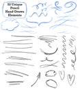 Set of 32 Unique pencil drawing elements: flourish, strokes, lines, arrows, signs, text areas, frameworks