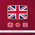 Set of United Kingdom flags with gold frame for use at sporting events on a burgundy abstract background Royalty Free Stock Photo