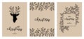 Set of universal hand drawn Merry Christmas and Happy New Year cards, ornate floral template for cover. Deer horns with