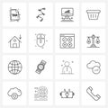 Set of 16 Universal Line Icons of house, shopping, chart, cart, technology