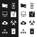Set Unknown document, Computer network, directory, Mobile recording, Cloud mail server and Two crossed hammers icon Royalty Free Stock Photo