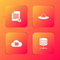 Set Unknown document, UFO flying spaceship, Cloud mail server and Server, Data, Web Hosting icon. Vector Royalty Free Stock Photo